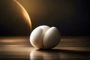 dois ovos estão sentado em topo do uma mesa. gerado por IA foto