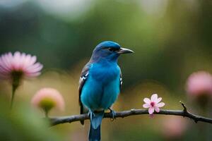 uma azul pássaro senta em uma ramo com Rosa flores gerado por IA foto