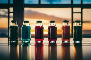 seis garrafas do diferente colori líquido sentado em uma mesa. gerado por IA foto