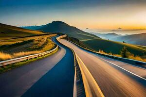 uma enrolamento estrada dentro a montanhas às pôr do sol. gerado por IA foto