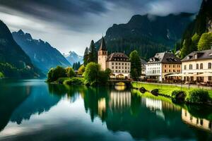 a lindo Cidade do Hallstatt dentro a Alpes. gerado por IA foto