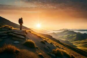 a homem em a montanha às nascer do sol. gerado por IA foto