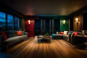 uma vivo quarto com uma ampla janela e de madeira andares. gerado por IA foto