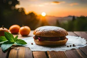 uma Hamburger com geléia e fresco fruta em uma mesa. gerado por IA foto