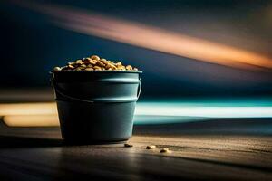 uma balde do amendoim em uma mesa. gerado por IA foto