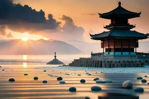 uma pagode senta em a costa do uma lago às pôr do sol. gerado por IA foto