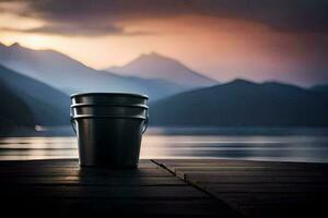 uma balde sentado em uma doca negligenciar uma lago. gerado por IA foto