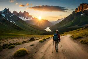 uma homem com mochila e caminhada postes caminhando em uma estrada dentro a montanhas. gerado por IA foto