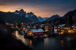 uma rio e casas dentro a montanhas às crepúsculo. gerado por IA foto