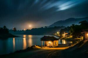 foto papel de parede a céu, noite, lua, água, casa, rio, montanha, casa,. gerado por IA