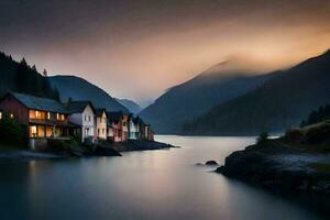 uma lago e casas dentro a montanhas às crepúsculo. gerado por IA foto