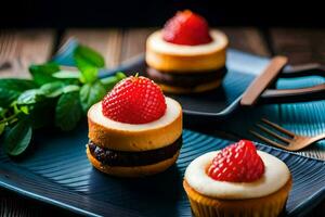 três mini cheesecakes com morangos em uma azul placa. gerado por IA foto