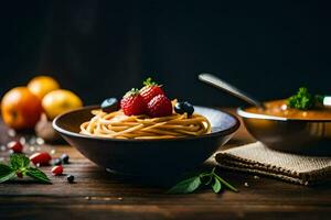 espaguete com fresco bagas e legumes dentro uma tigela. gerado por IA foto