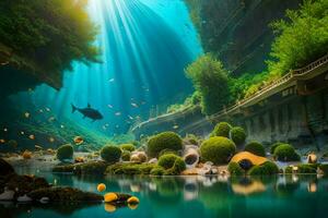 a embaixo da agua cena com peixe e plantas. gerado por IA foto