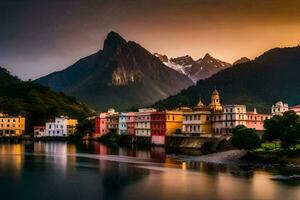 colorida edifícios dentro a montanhas às pôr do sol. gerado por IA foto