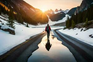 uma pessoa caminhando em uma estrada dentro a montanhas. gerado por IA foto