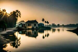 uma casa em a costa do uma lago às nascer do sol. gerado por IA foto