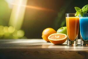 dois óculos do laranja suco e laranja fatias. gerado por IA foto