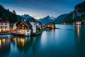 uma lago e casas dentro a montanhas às crepúsculo. gerado por IA foto