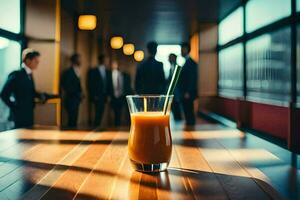 uma vidro do laranja suco sentado em uma mesa dentro frente do uma grupo do pessoas. gerado por IA foto