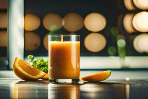 uma vidro do laranja suco com uma fatia do laranja. gerado por IA foto