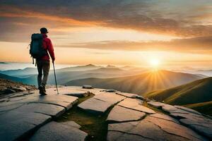 a homem com mochila e caminhada postes em pé em a topo do a montanha às pôr do sol. gerado por IA foto