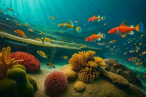 embaixo da agua cena com coral recifes e peixe. gerado por IA foto