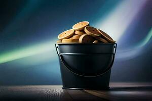 uma balde preenchidas com biscoitos em uma de madeira mesa. gerado por IA foto
