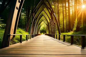 uma de madeira ponte dentro a floresta com a Sol brilhando. gerado por IA foto