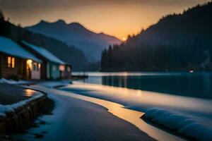 uma lago e uma casa às pôr do sol. gerado por IA foto