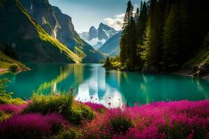 uma lago cercado de roxa flores e montanhas. gerado por IA foto