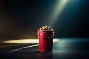 uma vermelho balde preenchidas com amendoim em uma Sombrio chão. gerado por IA foto