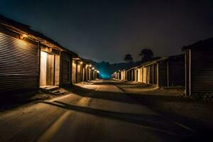 uma grandes exposição fotografia do uma linha do de madeira casas às noite. gerado por IA foto