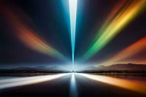 uma grandes exposição fotografia do uma arco Iris luz feixe. gerado por IA foto
