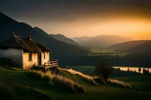 uma pequeno casa dentro a montanhas. gerado por IA foto