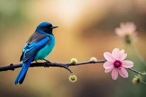 uma azul pássaro senta em uma ramo com Rosa flores gerado por IA foto