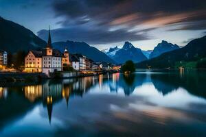 uma Cidade e montanhas estão refletido dentro a água. gerado por IA foto