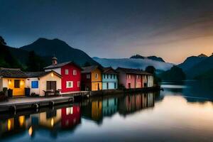 colorida casas em a água às pôr do sol. gerado por IA foto