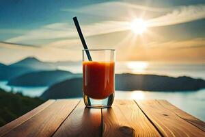 uma vidro do laranja suco em uma mesa com a Sol configuração atrás isto. gerado por IA foto