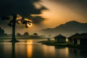 uma lindo nascer do sol sobre uma lago com uma cabana e árvores gerado por IA foto