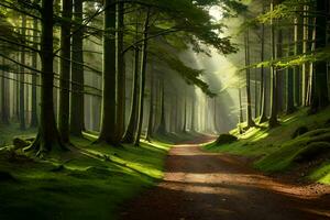 uma sujeira estrada dentro a meio do uma floresta com árvores gerado por IA foto