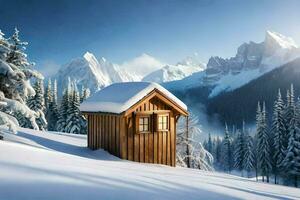 uma pequeno de madeira cabine dentro a neve. gerado por IA foto