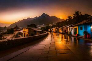 uma rua dentro frente do colorida casas às pôr do sol. gerado por IA foto