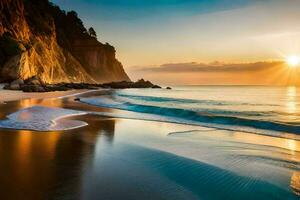 a Sol sobe sobre a oceano e a de praia dentro isto lindo foto. gerado por IA foto