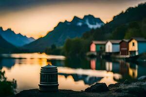 uma pode do Cerveja sentado em a pedras perto uma lago. gerado por IA foto