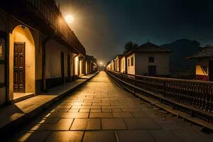 uma grandes passarela dentro a meio do uma Cidade às noite. gerado por IA foto