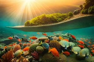 uma tropical ilha com coral recifes e peixe. gerado por IA foto