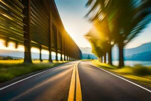 uma embaçado imagem do uma estrada com árvores e uma ponte. gerado por IA foto