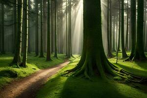 uma caminho através uma floresta com árvores e luz solar. gerado por IA foto