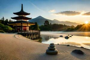 uma pagode senta em a costa do uma lago com montanhas dentro a fundo. gerado por IA foto